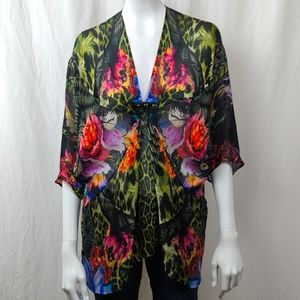 ROBERTO CAVALLI 100% Silk Short Sleeve Beaded Blouse EUC